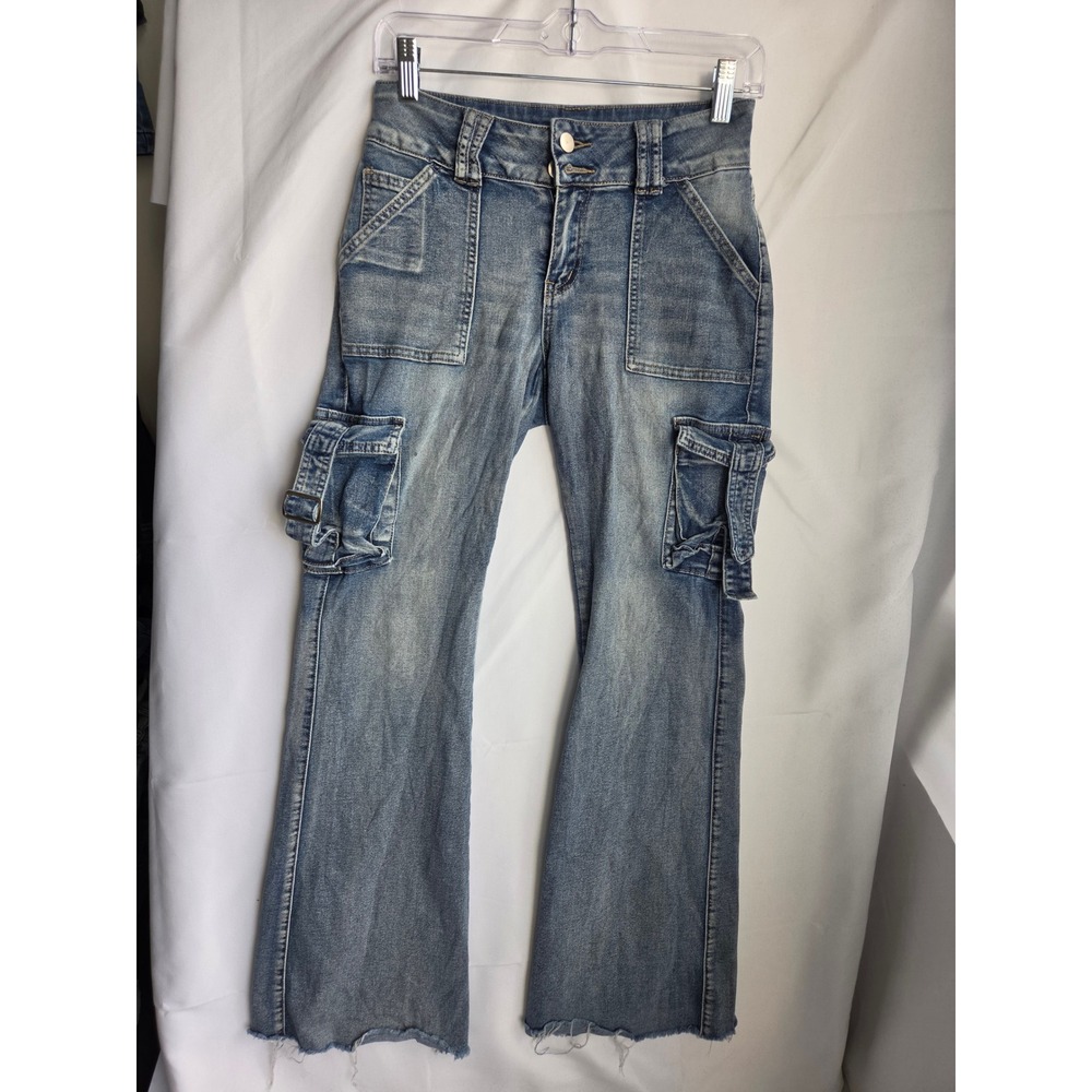 SHEIN Cargo Jeans Womens Blue Medium Wash Regular Mid Rise Flare
